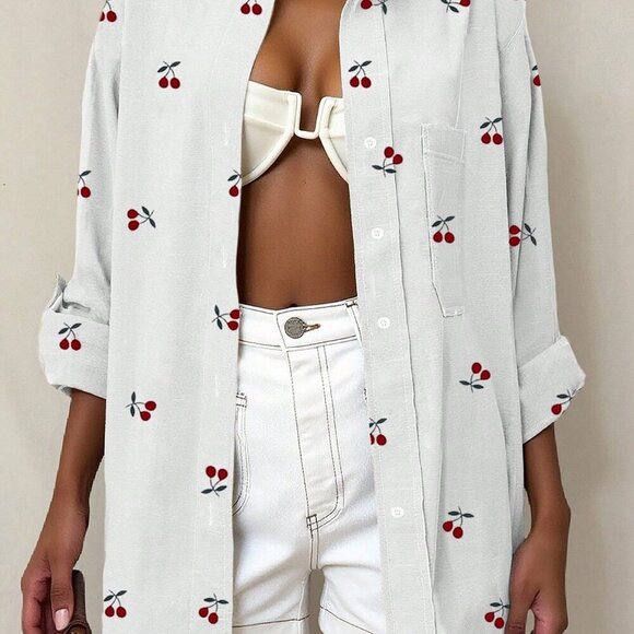 White Casual Women's Cherry Print Vacation button down Shirt - Picture 4 of 7